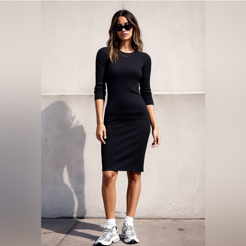 Black Ribbed Bodycon Midi Dress XS